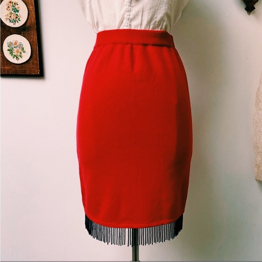 Valentino Red Beaded Knee Length Knit Sweater Skirt Small